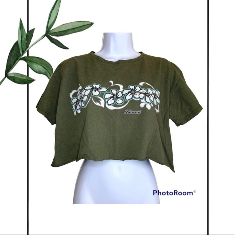Olive Green Women's Hawaii Lei Graphic Crop Top
